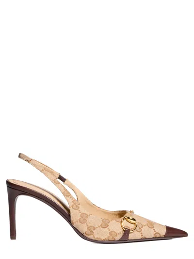 Gucci Point-toe Horsebit Stiletto Pumps With Elastic Strap And Gold-tone Hardware In Neutral