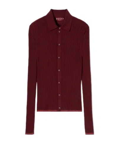 Gucci Polo En Cachemire Fin Et Soie Avec Bande Web In Burgundy