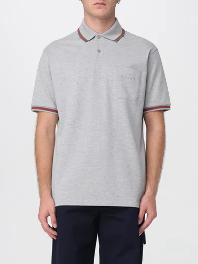 Gucci Grey Polo Shirt With Web Details And Logo Lettering On The Front In Wool Blend Man In Gray