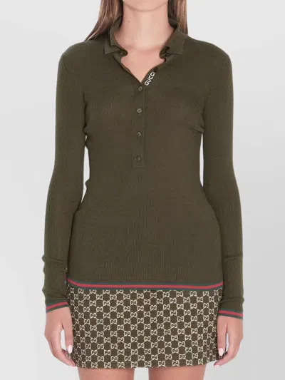 Gucci Women Polo In Cashmere And Silk With Web Detailing In Green