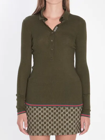 Gucci Polo In Cashmere And Silk With Web Detailing In Brown