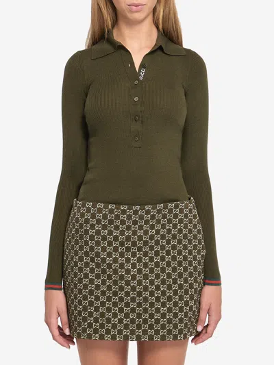 Gucci Polo In Cashmere E Seta Con Web In Green