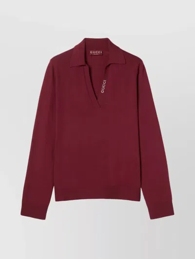 Gucci Polo Knit Top Featuring Gg Design In Burgundy
