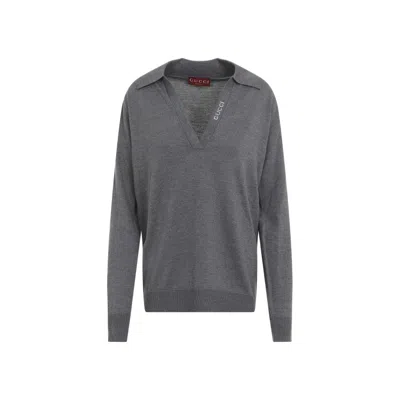 Gucci Polo Knit Wool Sweater In Grey
