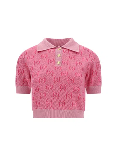Gucci Gg Logo针织polo衫 In Pink