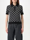 Gucci Black Polo Shirt With Ribbed Trims In Gg Canvas Woman
