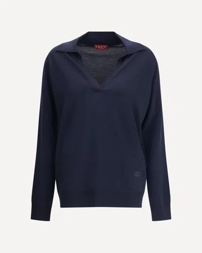 Gucci Women Polo Merino Oversize In Blue