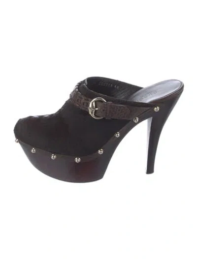 Pre-owned Gucci Ponyhair Colorblock Pattern Mules In Brown