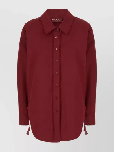 Gucci Poplin Shirt With Embroidered Collar And Lace Trim In Red