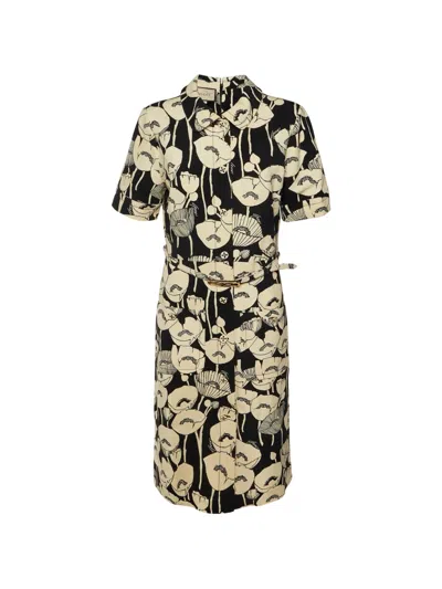 Pre-owned Gucci Poppy-print Belted Midi Dress In 黑色