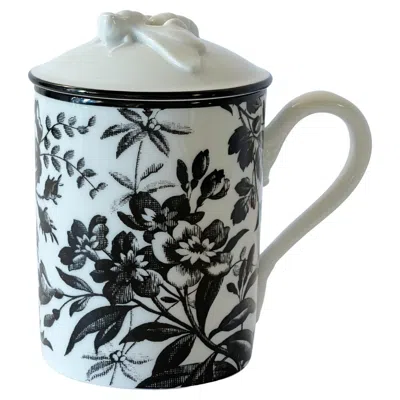 Pre-owned Gucci Porcelain Mug With Floral Design And Bee Lid, Made In Italy In Gray