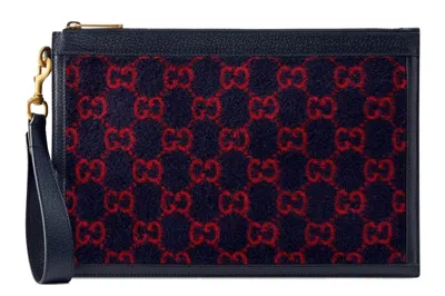 Pre-owned Gucci Pouch 6 Slot Gg Wool Blue/red