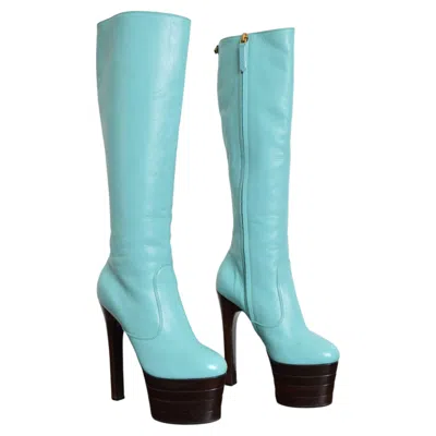 Pre-owned Gucci Pre Fall 2016  Peppermint Blue 1970�s Disco Platform Leather Boots 36.5