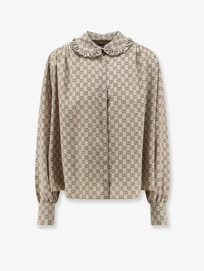 Gucci Primavera Silk Shirt With Gg Print In Neutral