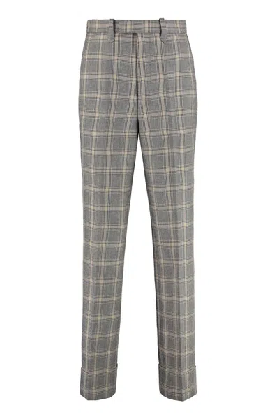 Gucci Prince Of Wales Checked Wool-linen Blend Trousers In Grey
