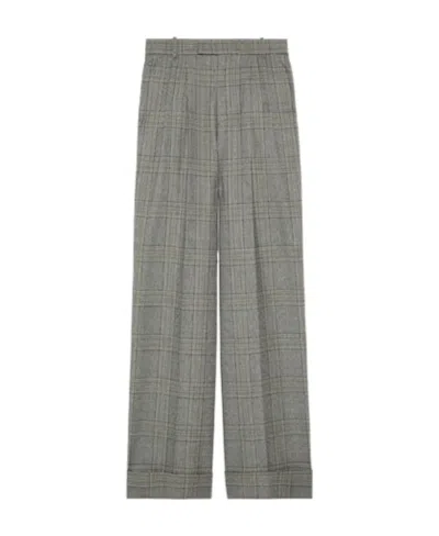 Gucci Prince Of Wales Wool Trousers In Gray