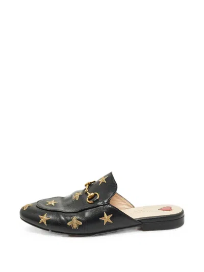 Pre-owned Gucci Princetown Embroidered Mules In Black