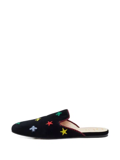 Pre-owned Gucci Princetown Embroidered Mules In Black
