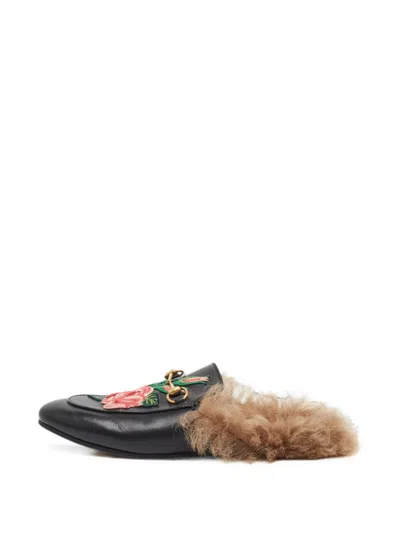 Pre-owned Gucci Princetown Floral-embroidered Mules In Black