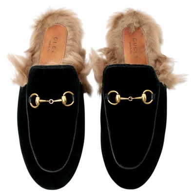 Pre-owned Gucci Princetown Horsebit Black Velvet Fur Lined Flat Loafers