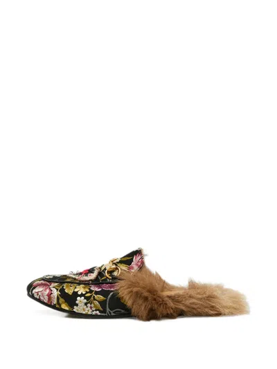 Pre-owned Gucci Princetown Horsebit Brocade Mules In Black