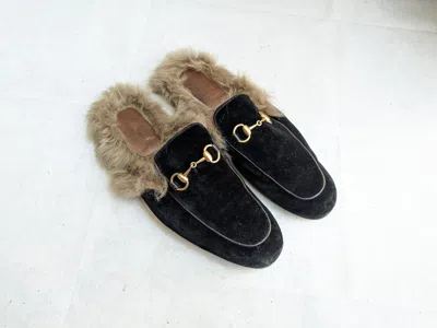 Pre-owned Gucci Princetown Horsebit Loafers 9.5 Black Velvet Mule Shoess Fur