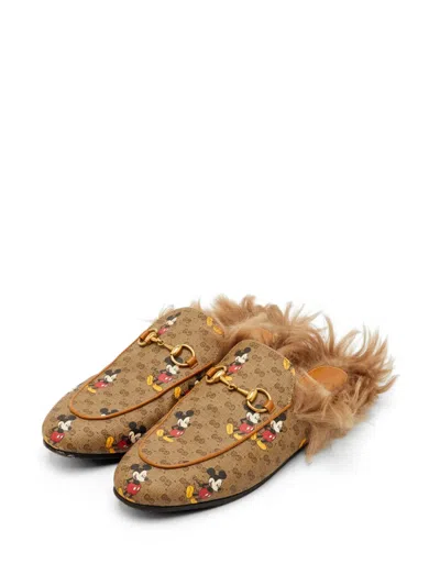 Pre-owned Gucci Princetown Mickey Mouse Gg Supreme Mules In Neutral