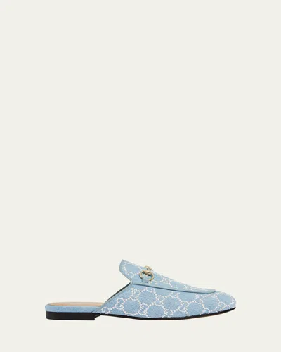 Gucci Princetown Pearly Gg Denim Mules In Blue