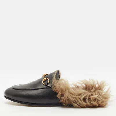 Pre-owned Gucci Princetown Size 36 Black Fur And Leather Flat Mules