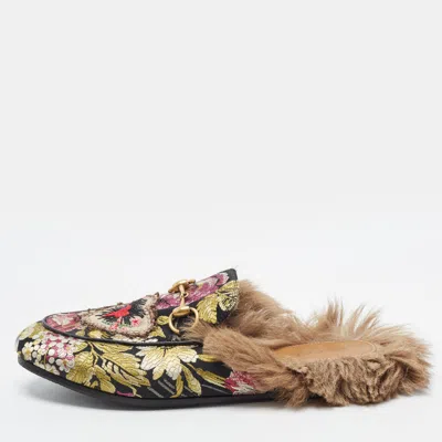 Pre-owned Gucci Princetown Size 36 Multicolor Brocade Fabric And Fur Mules