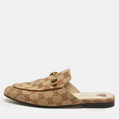 Pre-owned Gucci Princetown Size 36.5 Beige Canvas Mules In Sand