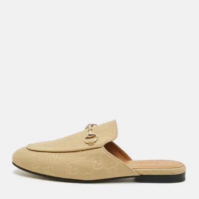 Pre-owned Gucci Princetown Size 36.5 Beige Gg Canvas Flat Mules In Sand