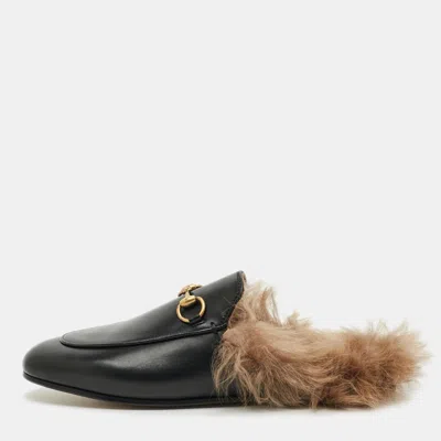 Pre-owned Gucci Princetown Size 36.5 Black Leather And Fur Flat Mules