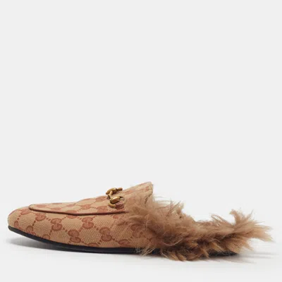 Pre-owned Gucci Princetown Size 36.5 Brown Canvas And Shearling Mules