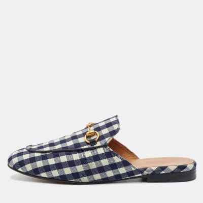Pre-owned Gucci Princetown Size 36.5 Navy Blue/white Plaid Check Fabric Horsebit Flat Mules