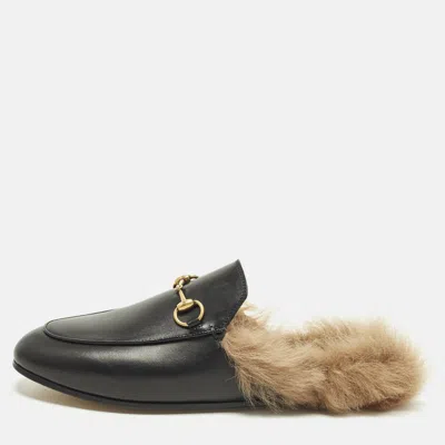 Pre-owned Gucci Princetown Size 37 Black Fur And Leather Mules