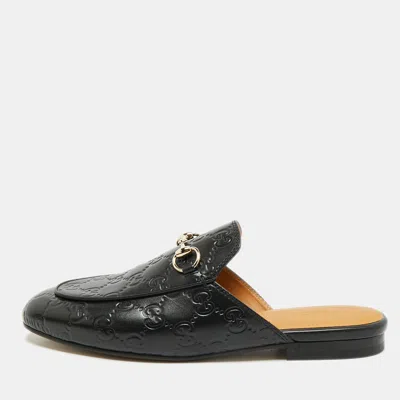 Pre-owned Gucci Princetown Size 37 Black Gg Leather Horsebit Flat Mules