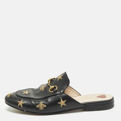 Pre-owned Gucci Princetown Size 37 Black Leather Bee Star Embroidered Flat Mules