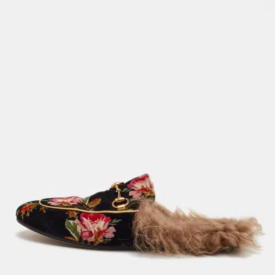 Pre-owned Gucci Princetown Size 37 Black Rose Print Velvet Horsebit Flat Mules