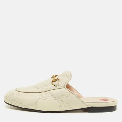 Pre-owned Gucci Princetown Size 37 Off White Gg Matelassé Leather Flat Mules