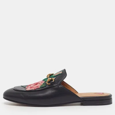Pre-owned Gucci Princetown Size 37.5 Black Leather Floral Embroidered Horsebit Flat Mules
