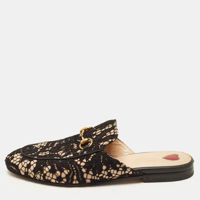 Pre-owned Gucci Princetown Size 37.5 Black/pink Lace And Leather Horsebit Flat Mules