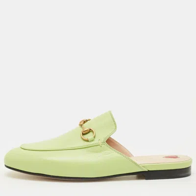 Pre-owned Gucci Princetown Size 37.5 Green Leather Mules