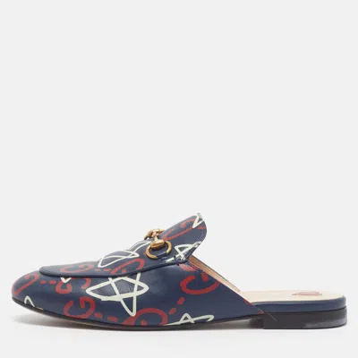 Pre-owned Gucci Princetown Size 37.5 Navy Blue Leather Mules