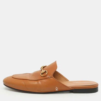 Pre-owned Gucci Princetown Size 37.5 Tan Leather Flat Mules