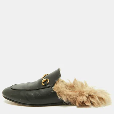 Pre-owned Gucci Princetown Size 38 Black Fur And Leather Mules