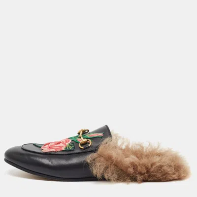 Pre-owned Gucci Princetown Size 38 Black Fur And Leather Mules