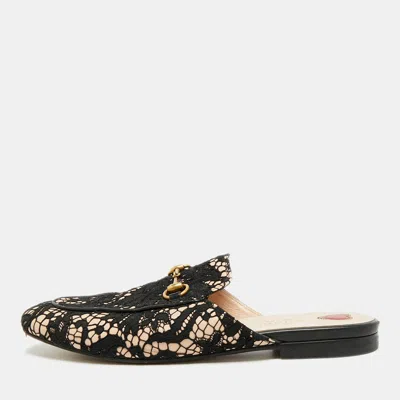 Pre-owned Gucci Princetown Size 38 Black/pink Lace And Mesh Mules