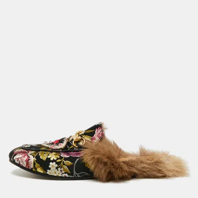 Pre-owned Gucci Princetown Size 38 Multicolor Floral Brocade Fabric And Fur Lined Flat Mules