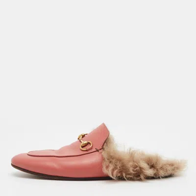 Pre-owned Gucci Princetown Size 38 Pink Leather And Shearling Horsebit Flat Mules